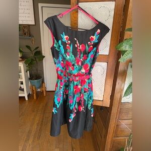 Eliza J Black Dress with Pink and Blue Floral Accents